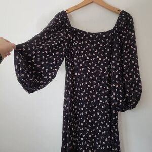 Sanctuary Smocked Floral Midi Dress Black Cream Size 2